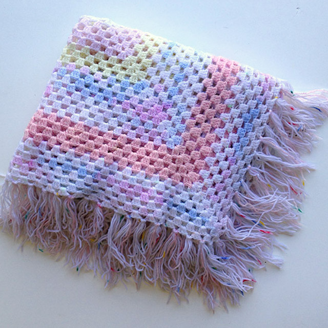 BLANKET (Throw), Crochet 1970s Pastel w Fringe